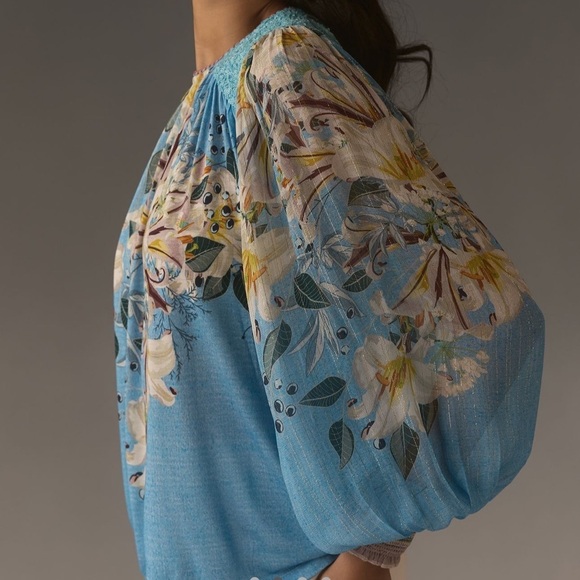 Anthropologie Bl-nk Sequin-Embellished Blouse Blue Small Small NWT - Picture 4 of 10